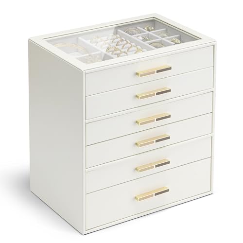 VLANDO 6-Drawer Jewelry Box with Glass Lid, Faux Leather Organizer for Rings Earrings Necklaces and More, Gift-Ready Jewel...