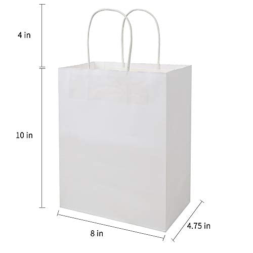 bagmad 100Pcs Pack 8x4.75x10 inch Medium White Kraft Paper Bags with Handles Bulk, Gift Bags, Craft Grocery Shopping Retai...