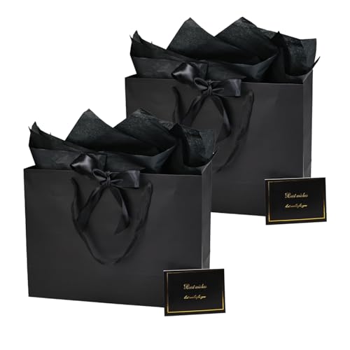 Papertide 2 Pack 16x6x12 Inch Large Black Gift Bag Set with Tissue Paper, Greeting Card & Ribbon, Big Gift Wrapping Kits f...