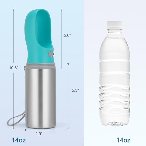 Portable Dog Water Bottle, 14 OZ, Stainless Steel Leak Proof Puppy Water Dispenser with Drinking Feeder for Pets Travel, W...