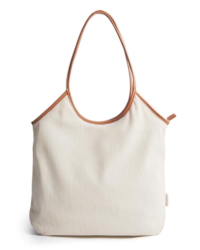 BAGSMRT Corduroy Tote Bag for Women with PU Leather Handles, Casual Shoulder Bag with Zipper Handbag for Travel Work