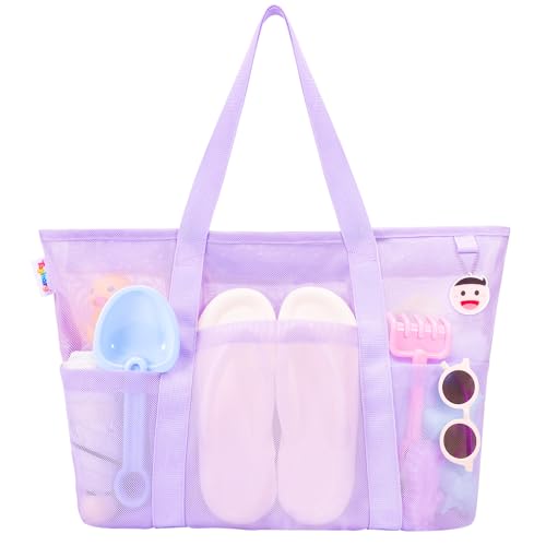 Tagitary Mesh Beach Bag with Zipper Large Beach Tote Waterproof Sandproof with 8 Pockets for Toys Pool Bag Beach Accessories