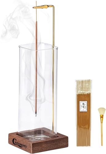 Ceremony Incense Holder, Wooden Incense Holder for Sticks with Glass Ash Catcher, Anti-ash Incense Burner with 20 Incense ...