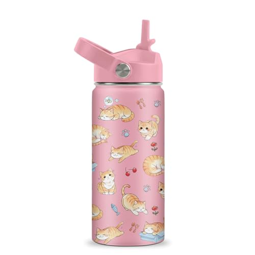 ROVOZAR Cat Water Bottle for Girls - 16oz Cat Stainless Steel Water Bottle with Straw - Cute Cats Insulated Cup - Pink Cat...