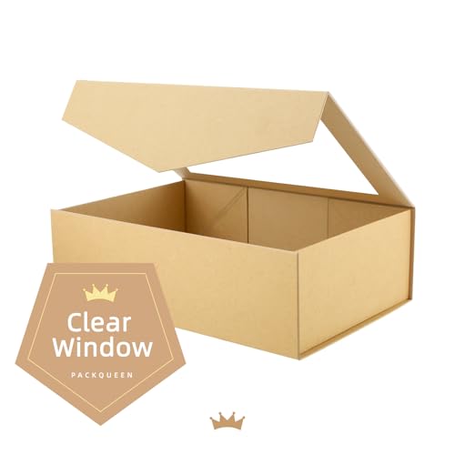PACKQUEEN Large Kraft Gift Box with Window, 13.5x9x4.1 Inches Clear Gift Box for Present Contains Ribbon, Card, Groomsman ...