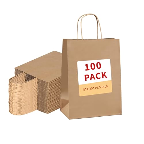 vanhel 100 Pack Brown Paper Bags with Handles,8x4.25x10.5 Inches,Gift Bags Medium Size,Gifts Bag Bulk for Festival,Birthda...