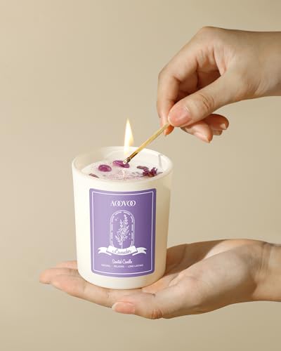 AOOVOO Lavender Scented Candles for Women - Aromatherapy Candle with Crystals Inside, 7oz Soy Candles for Home Scented, Bi...