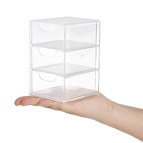 Hipiwe Acrylic Drawer Organizer Qtip Holder for Cotton Pad Cotton Swabs Makeup Storage Drawer with 3 Drawers Clear Desk Dr...