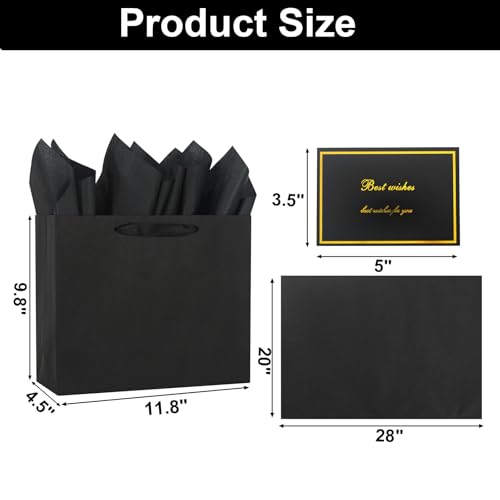 Elegant Black Gift Bag 11.8"x4.5"x9.8" with Ribbon Handles, Includes Card and Tissue Papers, Perfect for Birthdays, Weddin...