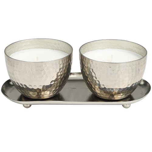 Deco 79 Metal Decorative Candle Sweet Bamboo Scented Hammered 10 oz 1 Wick Aromatherapy Candle with White Wax, Set of 2 Wa...