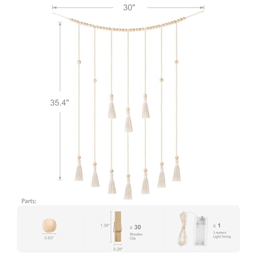 Mkono Macrame Hanging Photo Display Wall Decor with String Lights Boho Room Bedroom Wooden Beads Garland Picture Greeting ...