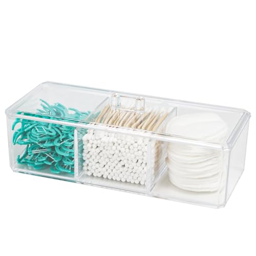 ZEXALOR Clear Bathroom Dresser Organizer - Cotton Ball Swab Holder with 3 Divided Compartments&Lid, , Waterproof Transpare...