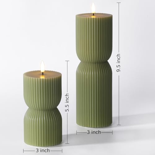 Girimax Olive Green Ribbed Flameless Pillar Candles with Remote, LED Candles Battery Operated Flickering Real Wax Set of 2