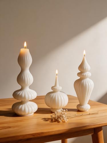 Ribbed Pillar Candles Set of 3，Modern Aesthetic Decorative Candle Set Cute Soy Wax Scented Ribbed Decor for Home Bathroom ...