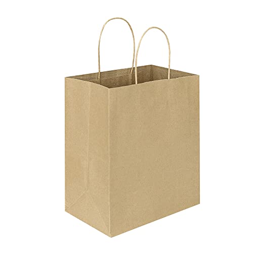 Oikss 100 Pack 8x4.75x10 Inch Medium Brown Kraft Paper Bags with Handles Bulk for Wedding Birthday Party Favors Grocery Re...