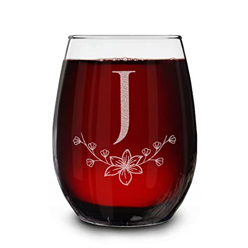 Floral Monogram Engraved Initial Letter Stemless Wine Glass 15 oz. Personalized Monogrammed Custom Gift (J)