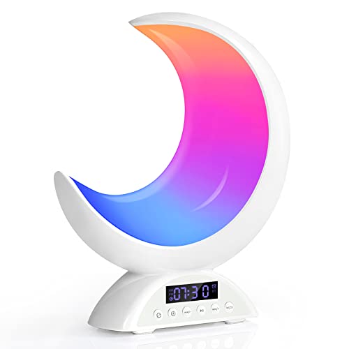 BRNEWO Moon Table Lamp with Time Alarm Clock, RGB Adjustable Light with Bluetooth, with Scene Mode and Music Mode, Warm Wh...