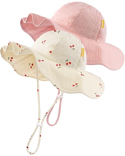 HONGTEYA Baby Sun Hat Muslin Toddler Bucket Hat for Girls Boys Infant Wide Brim Sun Protection