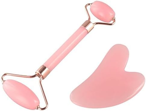 2Pcs Pink Manual Jade Roller and Gua Sha Set, Resin Facial Massage Tools for Face Eye Neck, Natural Beauty Skin Care Tools...