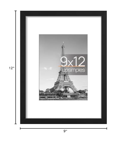 upsimples 9x12 Picture Frame, Display Pictures 6x8 with Mat or 9x12 Without, Wall Hanging Photo Frames, Black, 1 Pack