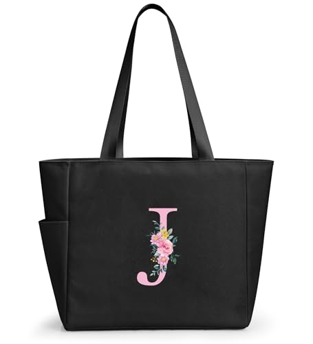 KALIDI Personalized Beach Tote Bag, Initial Alphabet Gift Zipper Grocery Bag for Mom Teacher Friend Wedding Daily Shopping