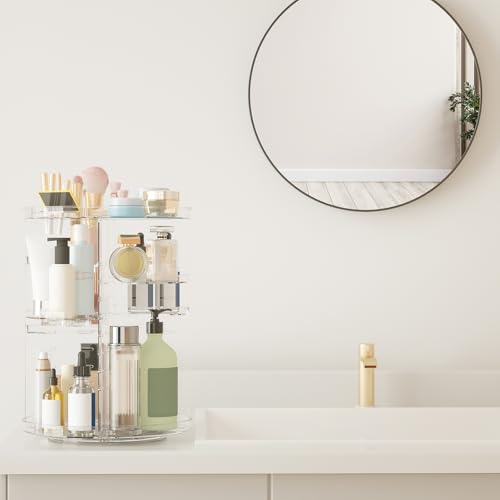 Rotating Makeup Organizer, DIY 8 Adjustable Layers Spinning Skincare Organizer, Cosmetic Display Case with Brush Holder Pe...