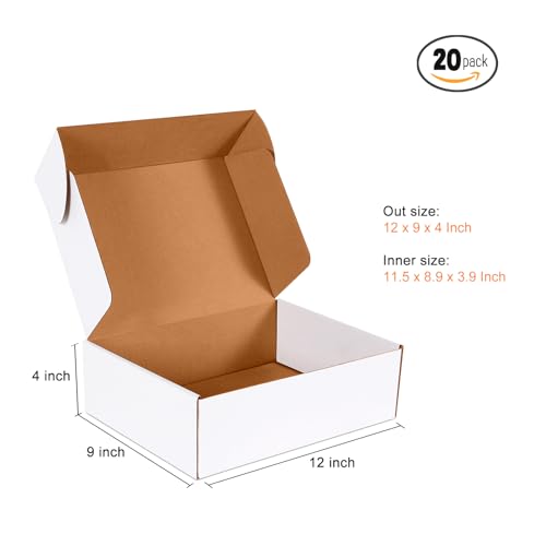 JOWLOT 12x9x4 inch Shipping Boxes Set of 20, White Corrugated Cardboard Box Literature Mailer for Mailing Packing Moving a...
