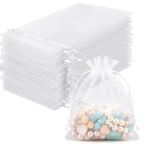 FUNFERY 100 Pcs White Organza Bags 3x4 in, Small Mesh Drawstring Gift Bags for Sachet, Jewelry, Wedding Favor, Candy Goodi...