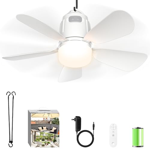 Canopy Fan 20'', 20000mAh Portable Outdoor Ceiling Fan with Light with Remote Control and Extension Hook, Easy Operation B...
