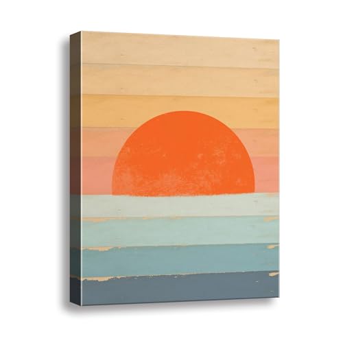 Boho Sun Wall Art, Framed Canvas Wall Art Rainbow Sun Rising on the Horizon Geometric Nature Illustrations Line Art Wall, ...