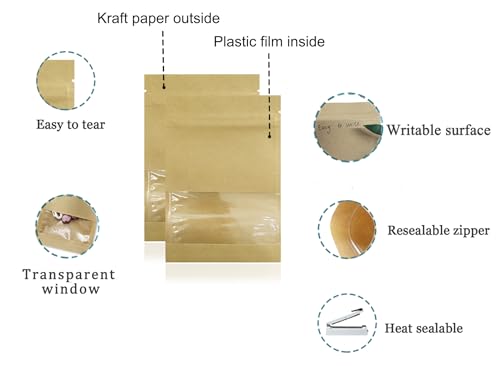 PABCK 100 Pack (Inner Size 2.36x2.36inch) Clear Window Airtight Seed Packets Brown Kraft Paper Envelopes for Zip Food Stor...