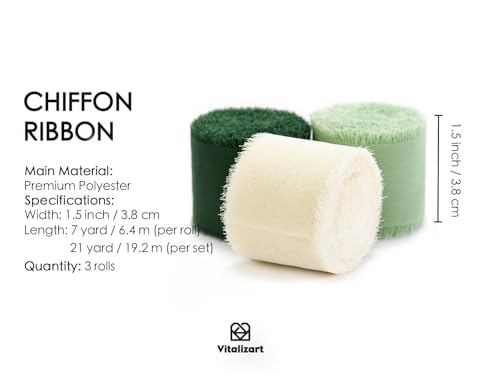 Vitalizart Handmade Chiffon Silk Ribbon Fringe Green & Cream 1.5" x 21 Yd Frayed Edges Ribbons for Wedding Invitations Bri...
