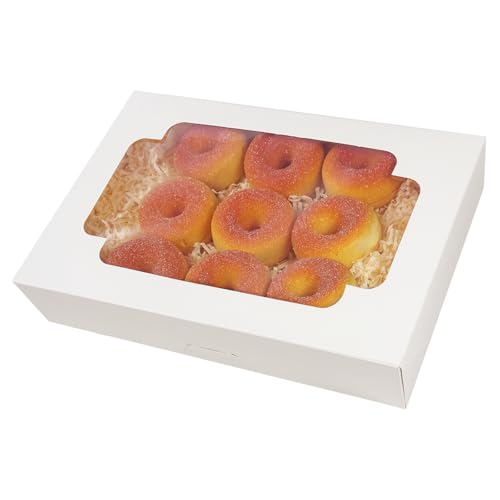 qiqee Auto-pop up 12x8x2.5 inch White Cookie Box with Window 15 Packs Two Uses One Second Folding Pastry Biscuit Bakery Bo...