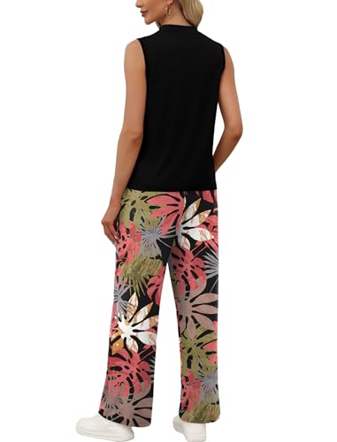 WIHOLL Two Piece Set for Women Summer Spring Outfits Cruise Travel Airport Beach Vacation Mock Neck Wide Leg Pants Set
