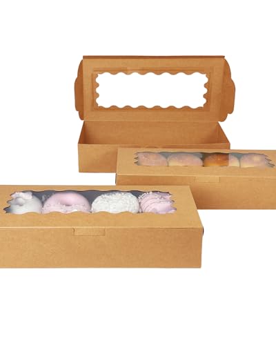 qiqee 50 Packs Brown Cookie Box with Window 12x5.5x2.5 Inch Two Uses Pastry Biscuit Bakery Box For Packaging