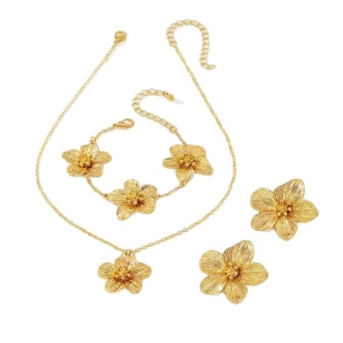 Gold Flower Necklace Bracelet Earrings Set for Women Boho Statement Chunky Big Daisy Flowers Floral Layered Chic Jewelry S...