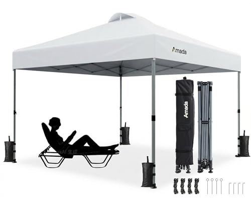 Amada 10x10 Pop Up Canopy Tent, 1-Button Push Easy-up Outdoor Canopy Beach Tent with 3-Height Adjustable Waterproof Shade ...