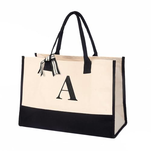 Salt Earth Personalized Initial Canvas Tote Bag for Women, Large Cotton Monogram Beach Grocery Reusable Work Travel Tote