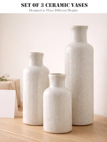 Sikkis Small White Speckled Ceramic Vase Set of 3, Decorative Modern Vases for Shelf, Table, Living Room, Dried Flowers