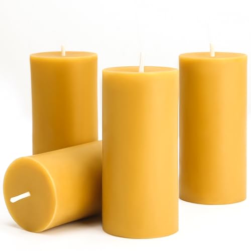 Natural Beeswax Candles 4 Packs, Beeswax Pillar Candles with 140 Hours Burn Time, Organic Emergency Candle Long Burning fo...