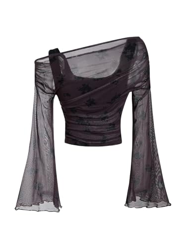 Verdusa Women's Y2k Off The Shoulder Tops Mesh Long Sleeve Crop Tops 2000s Clothing