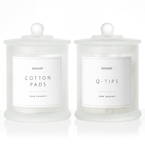 Ronasip Qtip Holder & Cotton Pad Dispenser, Bathroom Organizer and Storage Canisters, 16oz Glass Apothecary Jars for Kitch...