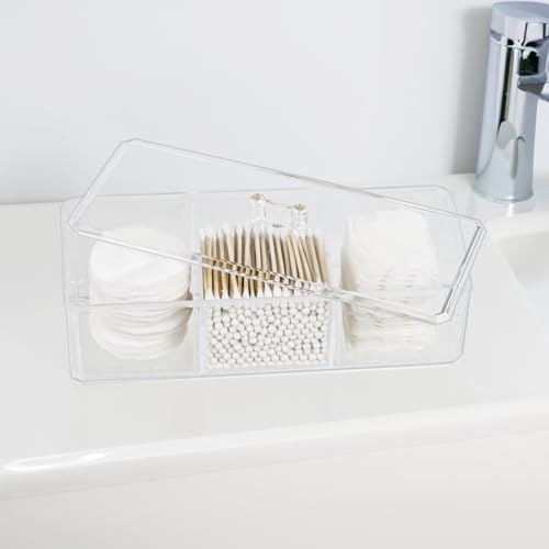 ZEXALOR Clear Bathroom Dresser Organizer - Cotton Ball Swab Holder with 3 Divided Compartments&Lid, , Waterproof Transpare...