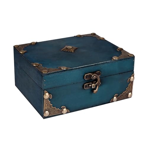 WaaHome Wood Treasure Box 5.5'' Small Decorative Teal Pirate Treasure Chest Jewelry Keepsakes Box for Kids Girls Boys Wome...