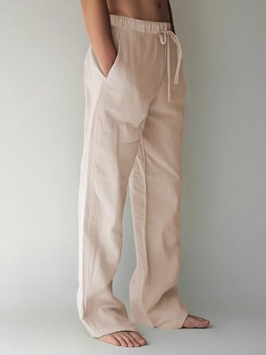 BUXKR Men's Linen Pants Beach Casual Cotton Summer Lightweight Elastic Waist Drawstring with Deep Pockets