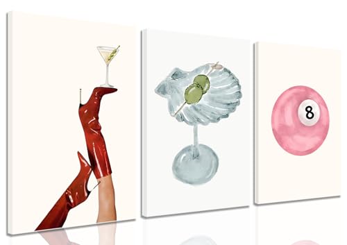 Framed Funky Martini Posters Wall Art Set of 3, Vintage Preppy Aesthetic Canvas Prints, Trendy Pink Number 8 Y2K Girl Room...