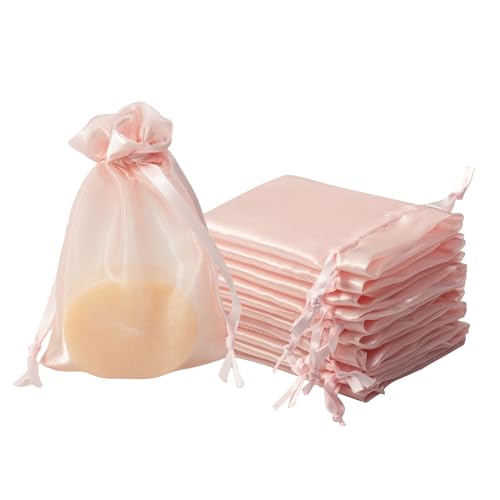 QIANF 20 Pcs Pink Small Organza Bags 4X6 inch for Wedding Favors with Drawstring, Mini Mesh Gift Bags Jewelry Pouch for Ca...