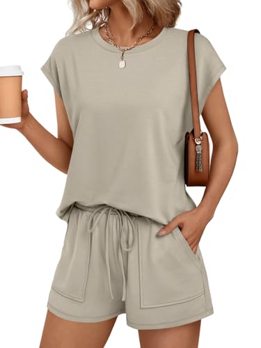 AUTOMET Womens Crew Neck Two Piece Short Sets Cap Sleeve Drawstring Summer Sweatsuit with Pocket