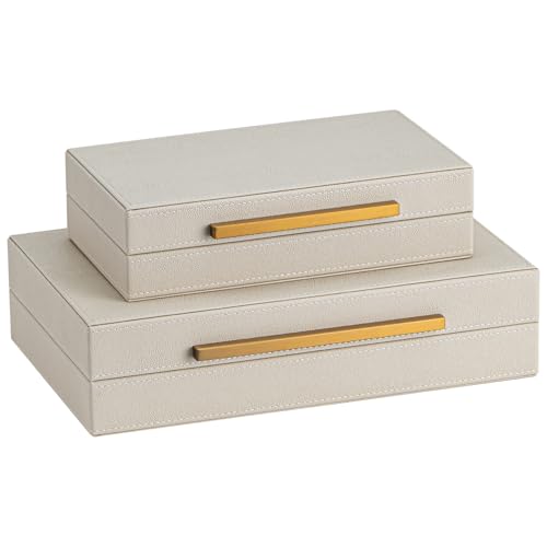 Set of 2 Beige Shagreen Decorative Storage Boxes with Gold Metal Handles – Faux Leather Jewelry & Memory Boxes, Nesting Ph...