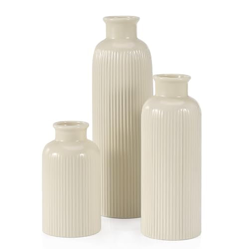Small Beige Ceramic Vase Set of 3, Boho Modern Beige Flower Vase Room Decor, Farmhouse Decor, Vases for Your Kitchen, Bath...